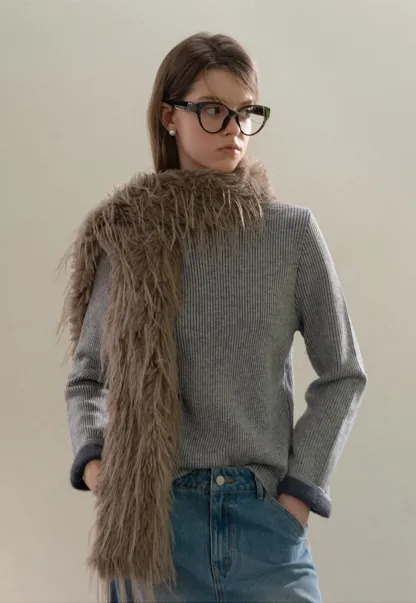 Stand-Collar Ribbed Fleece Knit Top