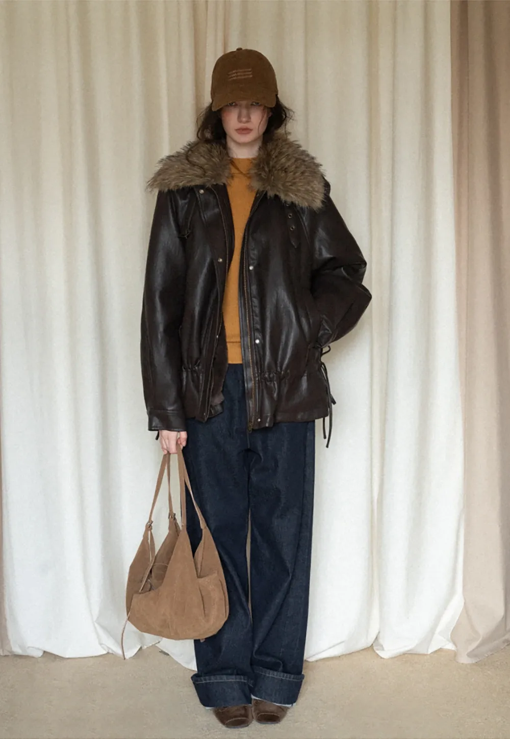 Casual Winter Faux Leather Coat with Soft Fur Collar