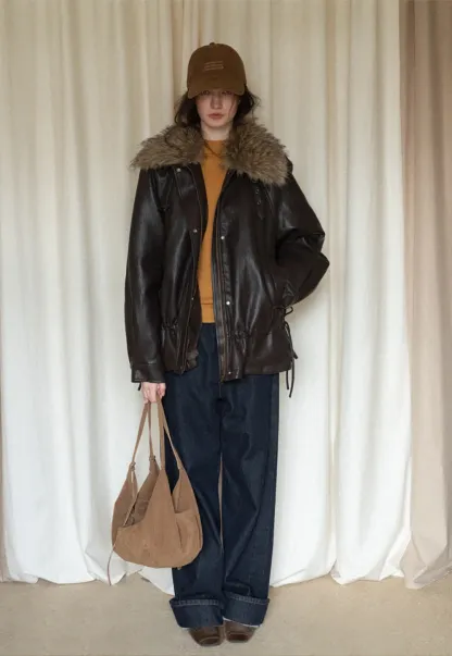 Casual Winter Faux Leather Coat with Soft Fur Collar