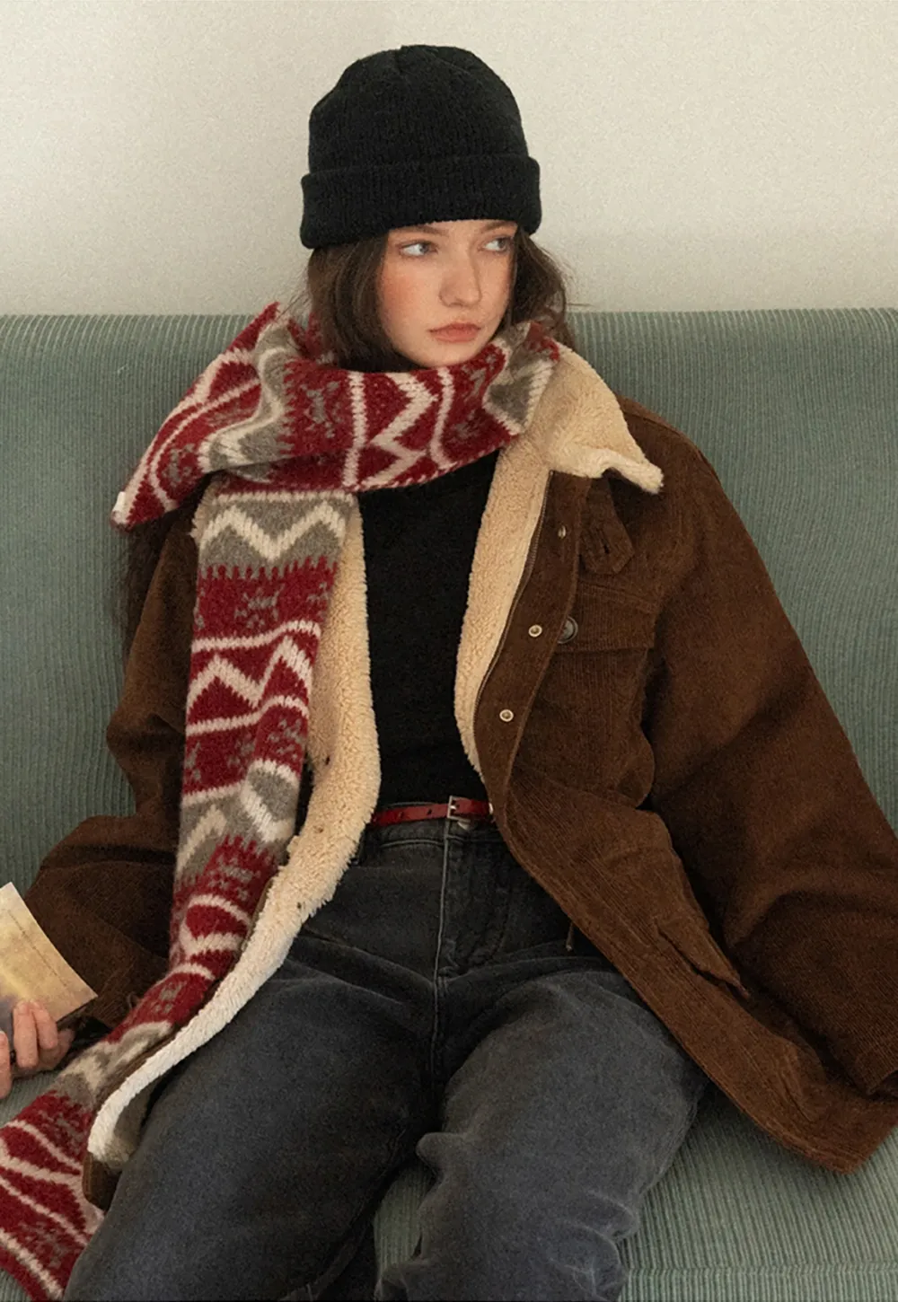 Women Casual Brown Corduroy Coat with Fleece Lining