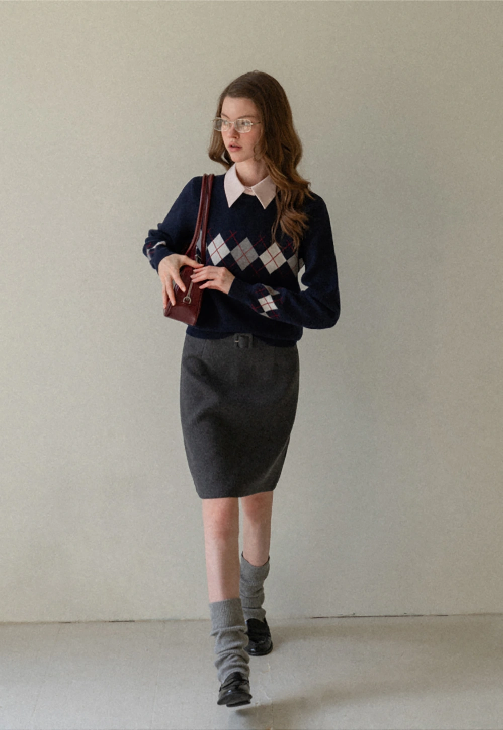 Navy Blue Sweater with Argyle Pattern for Women