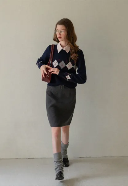 Navy Blue Sweater with Argyle Pattern for Women