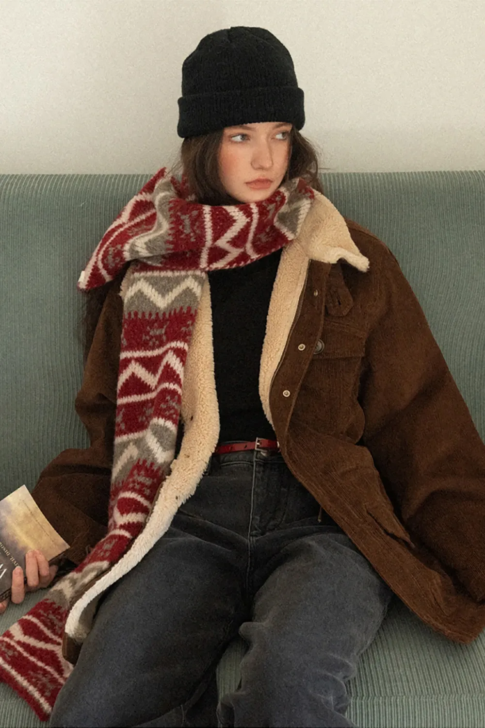 Stylish Fair Isle Patterned Long Knitted Scarf