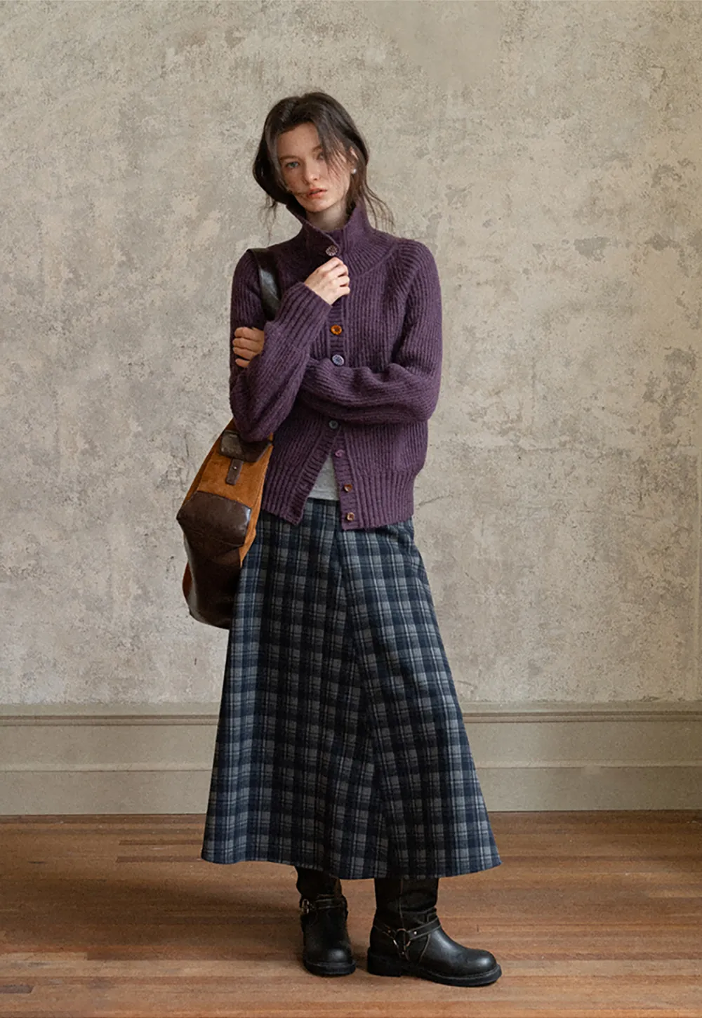 Color Button High Neck Ribbed Cardigan