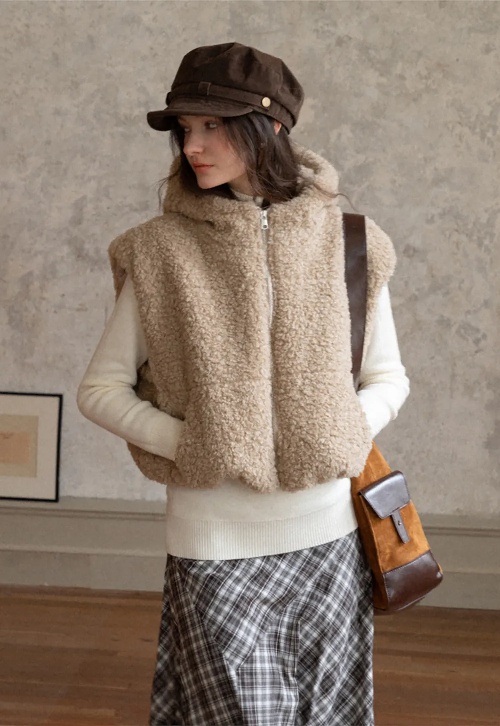 Faux Shearling Zip Vest in Beige