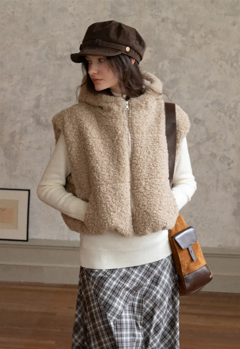 Faux Shearling Zip Vest in Beige