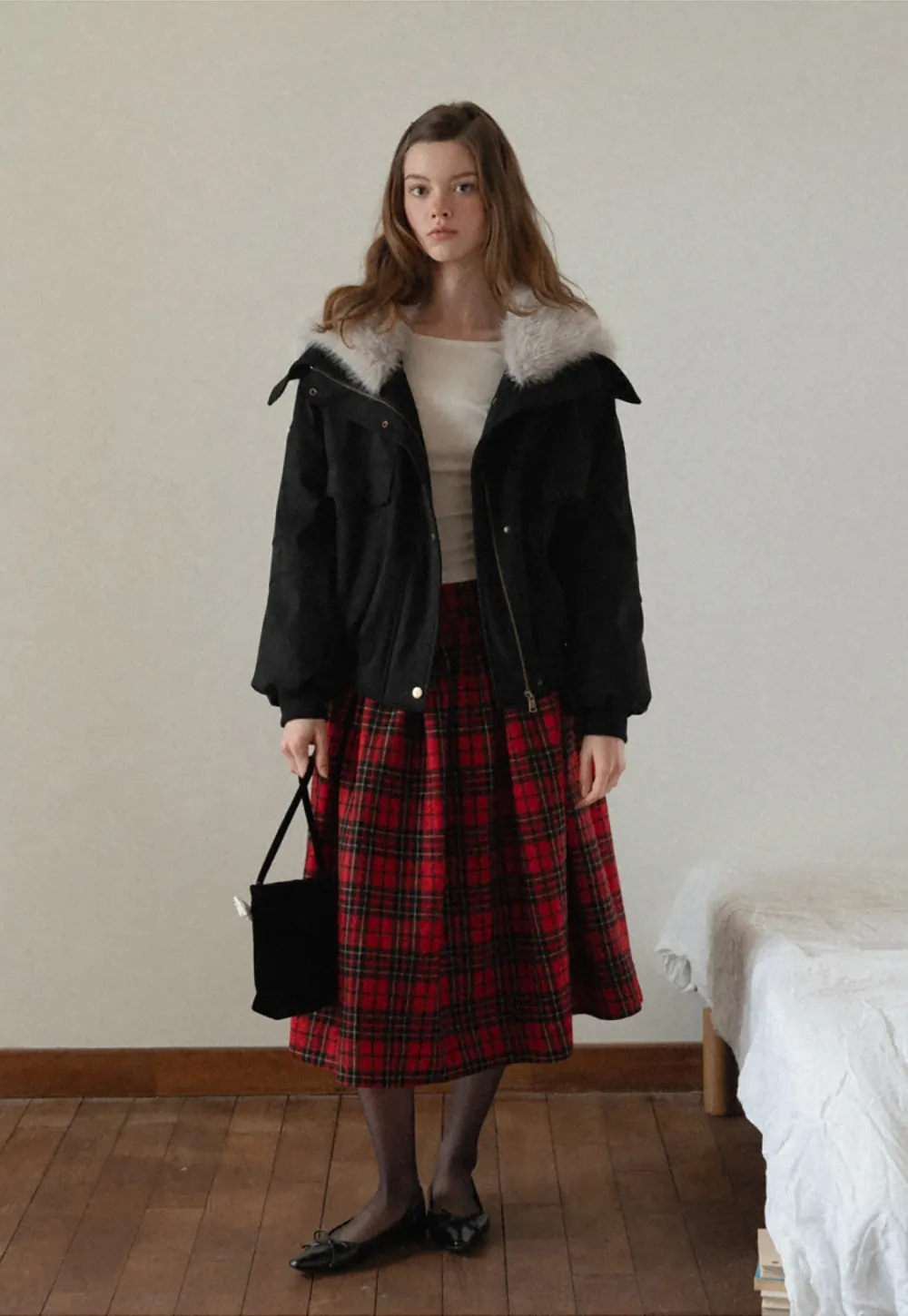 Plaid Midi Skirt with Elastic Waist for Women