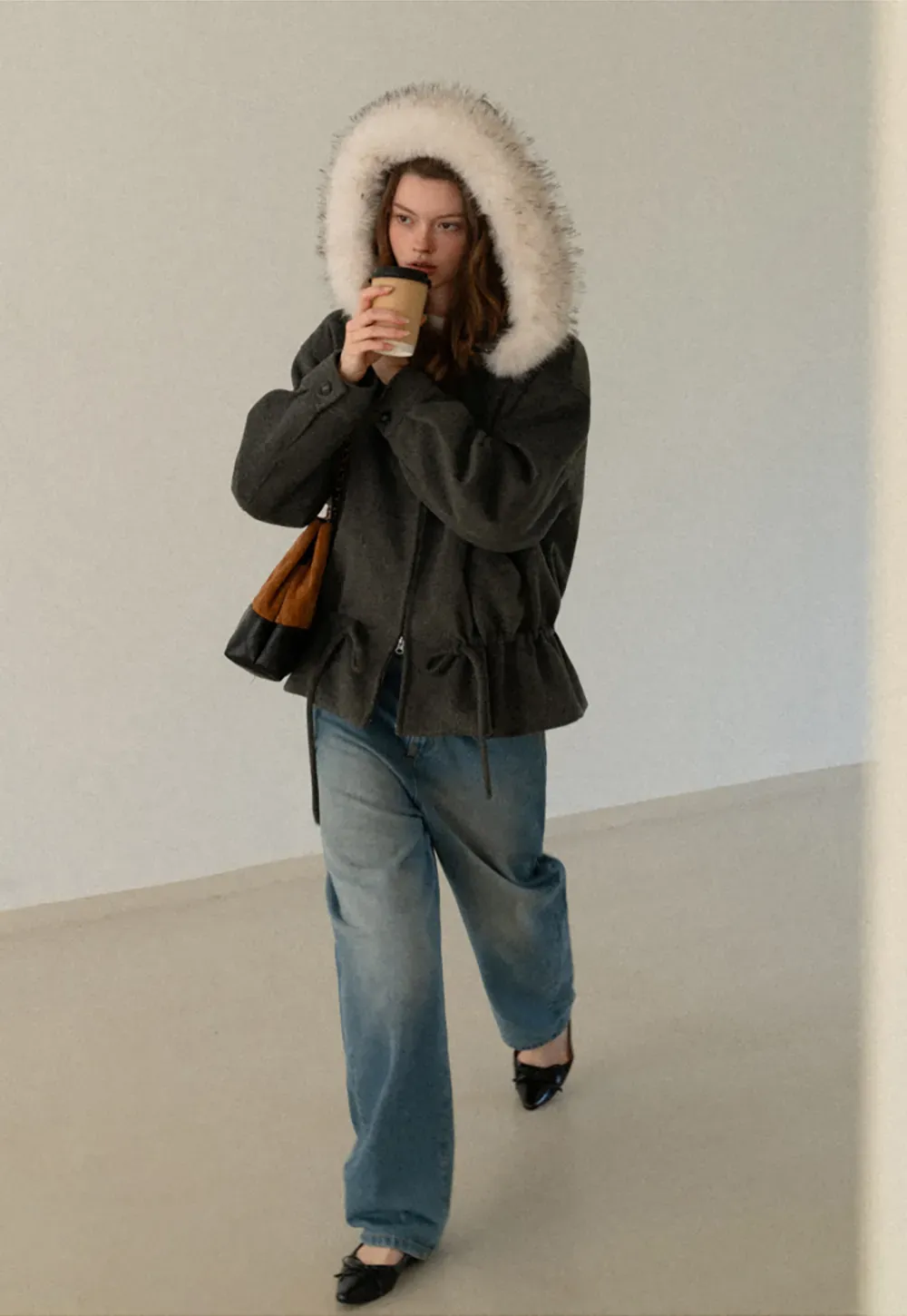 Faux-Fur Trim Hooded Charcoal Jacket