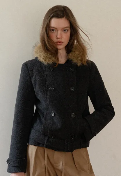 Hooded Wool Coat with Quilted Lining and Wool Collar