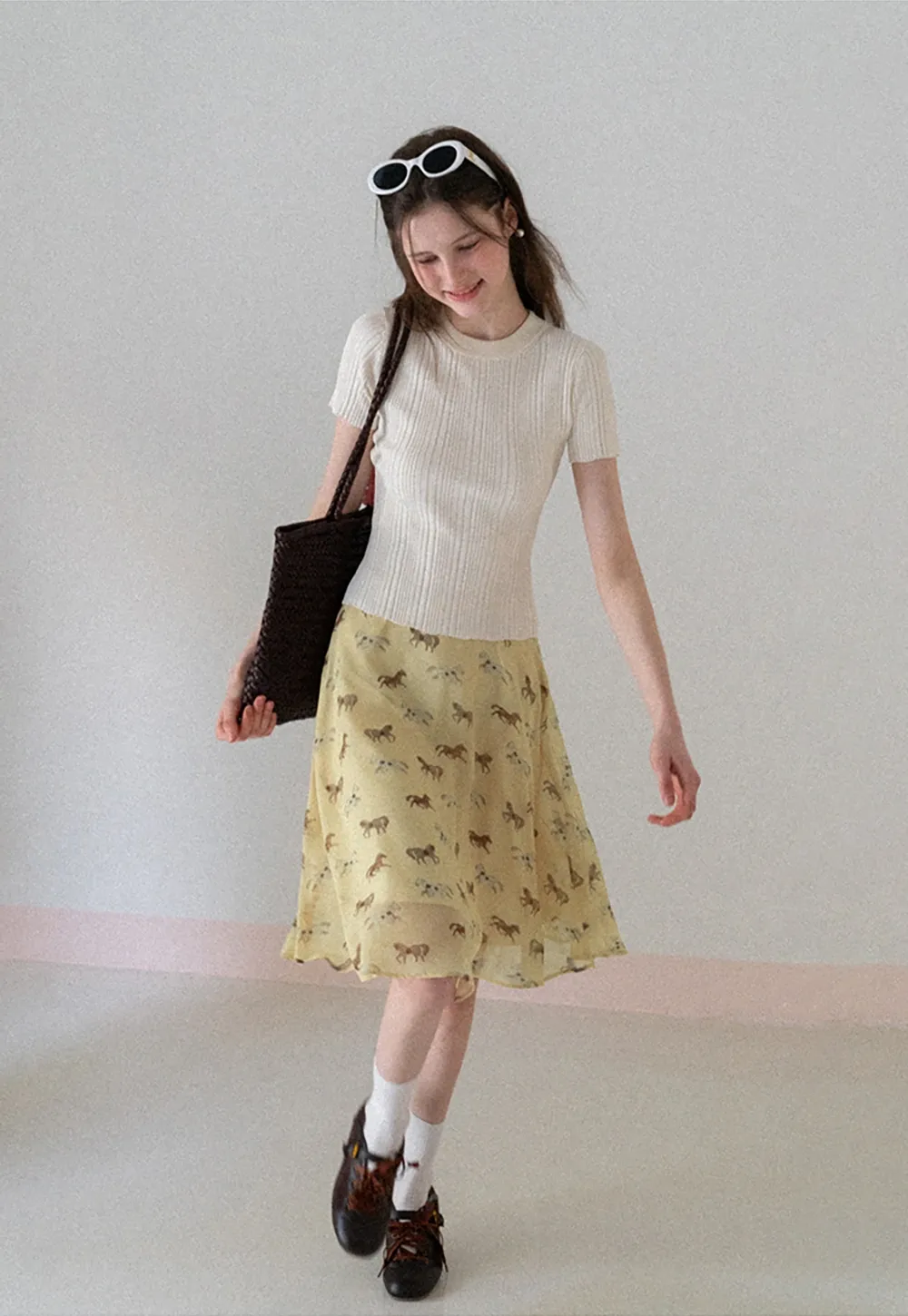 Horse Print Flared Midi Skirt