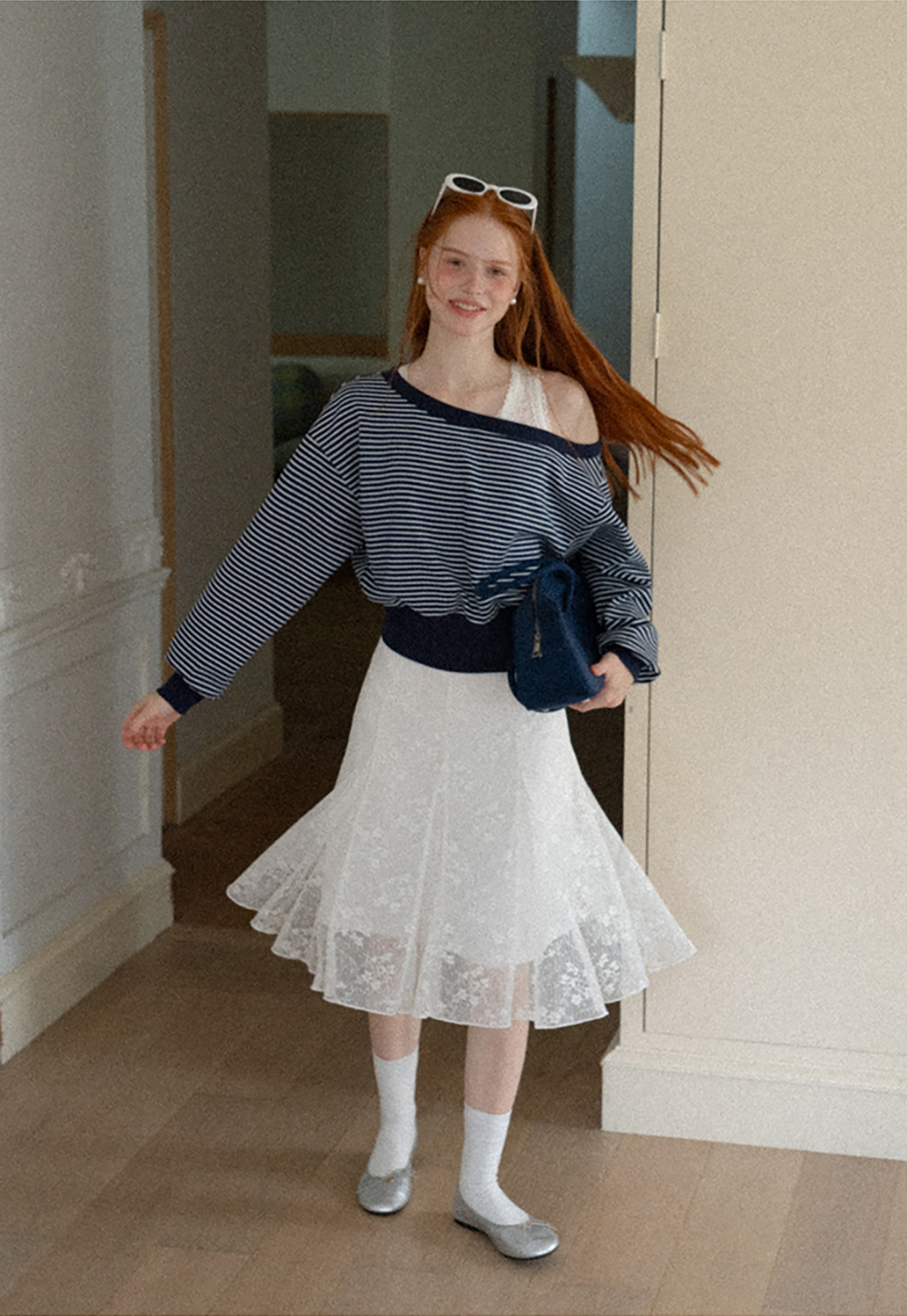 Off-the-Shoulder Striped Sweatshirt and Lace Tank Top Set