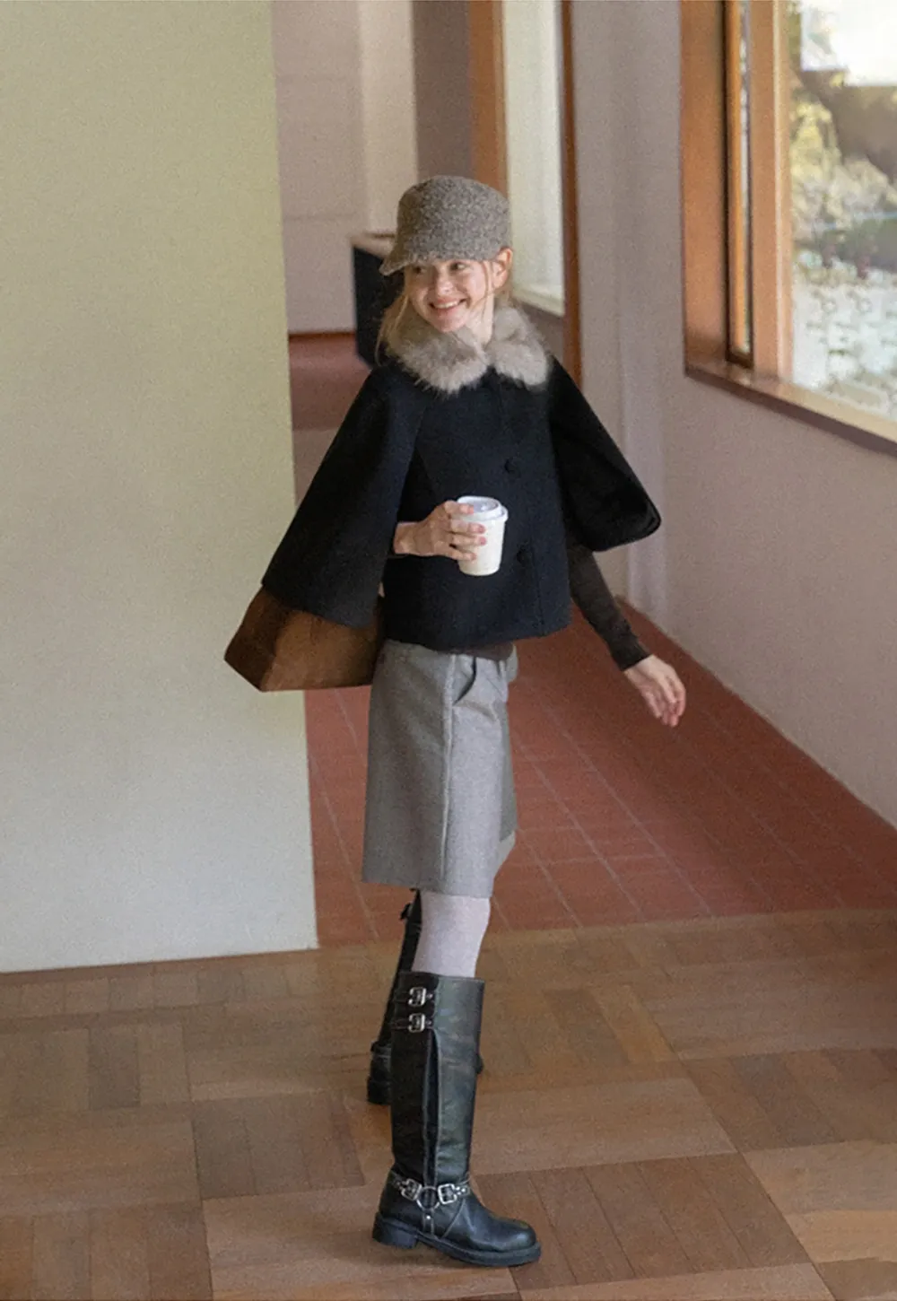 Faux Fur Trimmed Cape Wool Coat