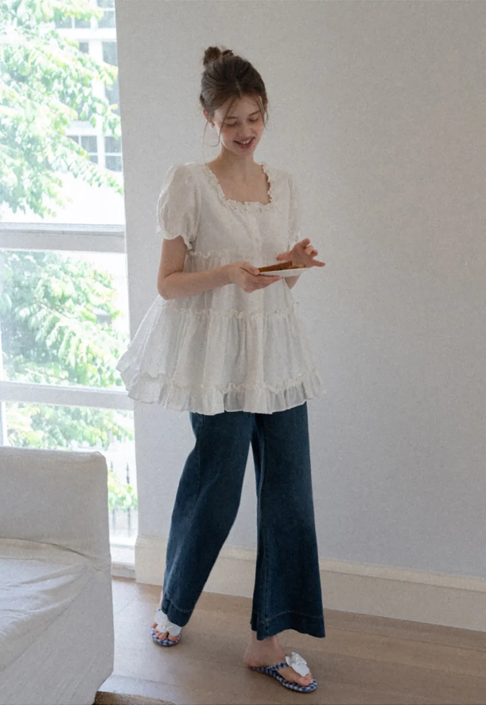 Women’s Square Neck Ruffle Babydoll Blouse