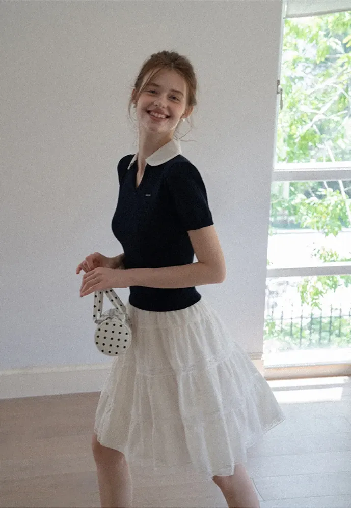 Women Contrast Collar Knit Polo Top