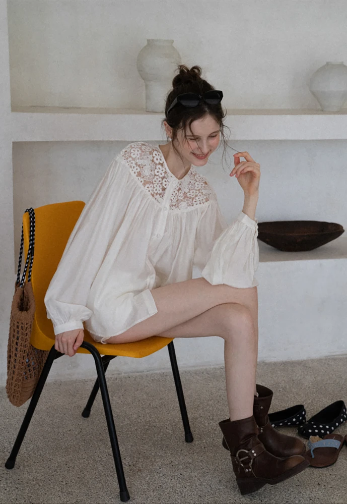 Women Lace Yoke Bishop Sleeve Button Down Blouse