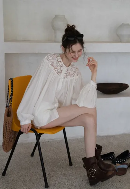 Women Lace Yoke Bishop Sleeve Button Down Blouse