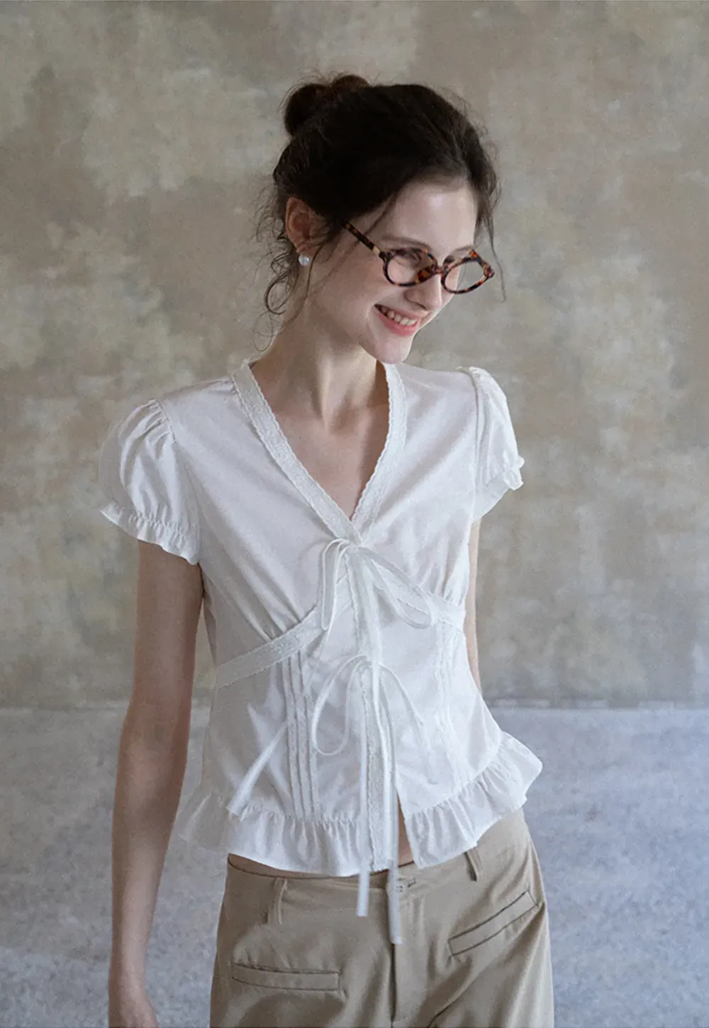 Women's Puff Sleeve Back Tie Blouse with Lace Trim