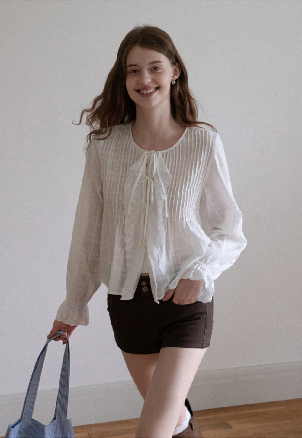 Women's Sheer Lace Tie Front Long Sleeve Blouse