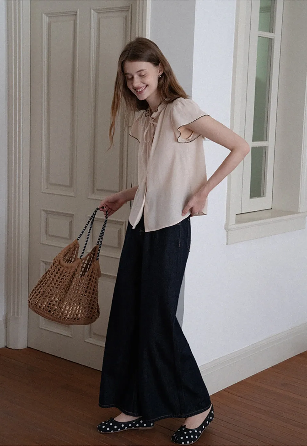 Women Ruffle Tie Neck Flutter Sleeve Button Down Blouse