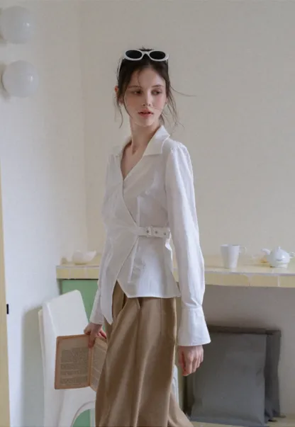 Women's Striped Wrap Shirt with Side Buckle