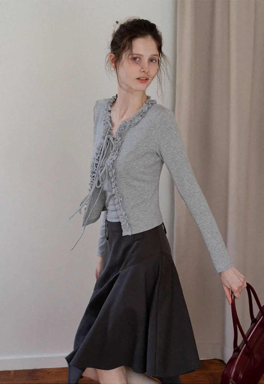 Women's Ruffle Trim Knit Top with Front Tie