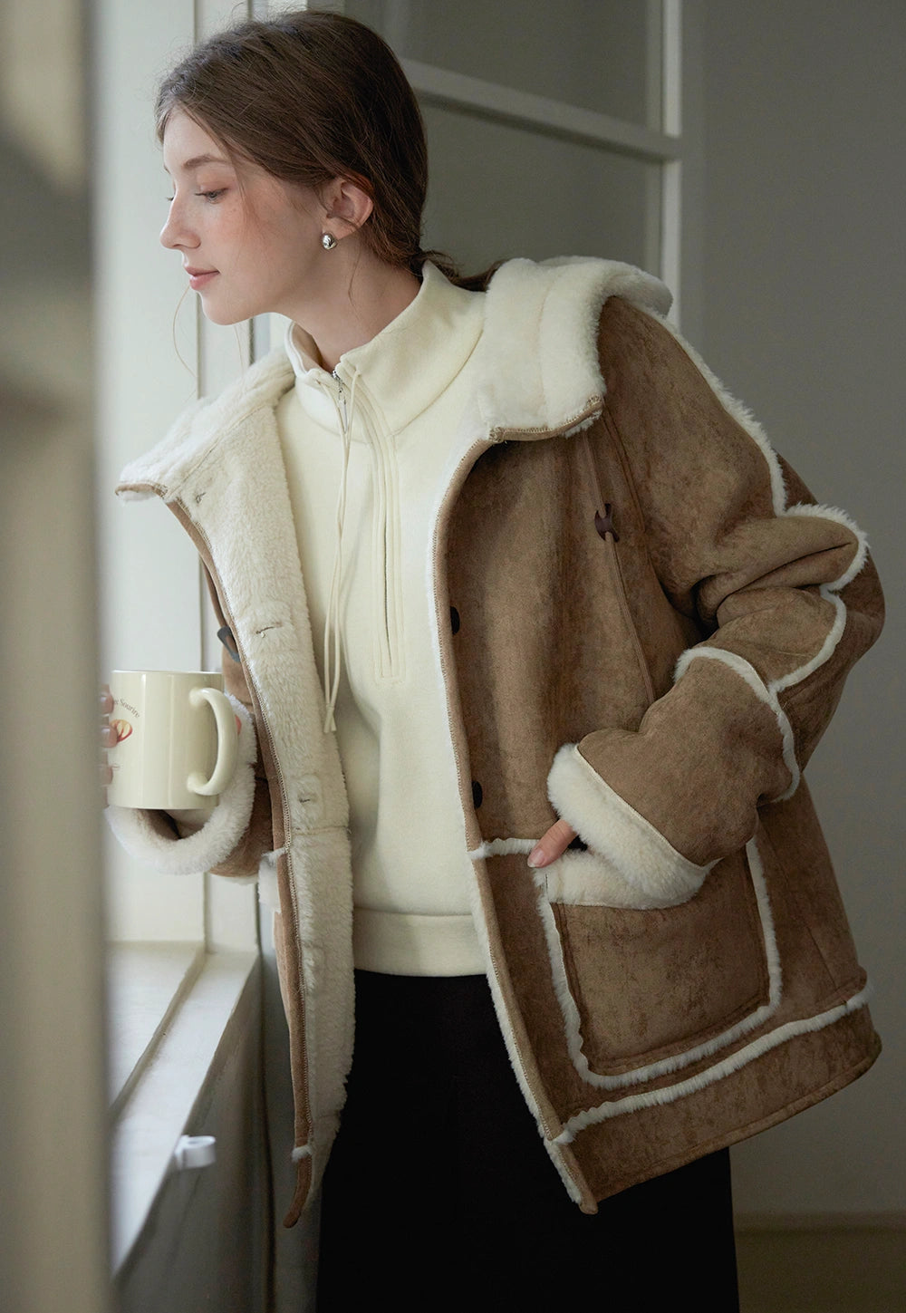Women's Stand Collar Drawstring Faux Fur Lamb Wool Fleece Jacket