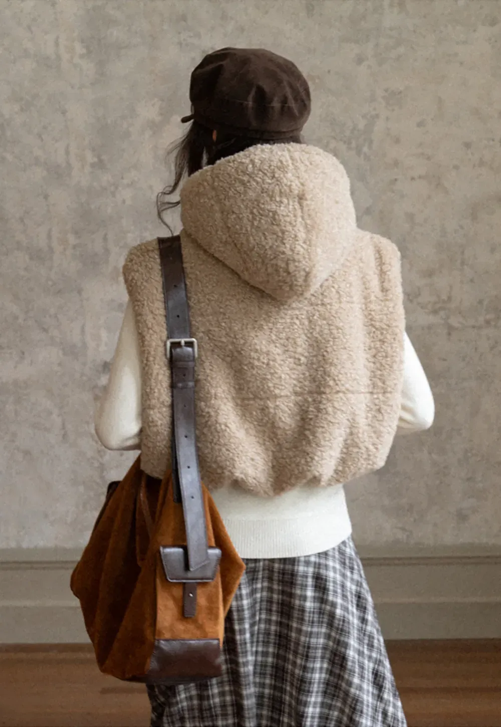 Faux Shearling Zip Vest in Beige