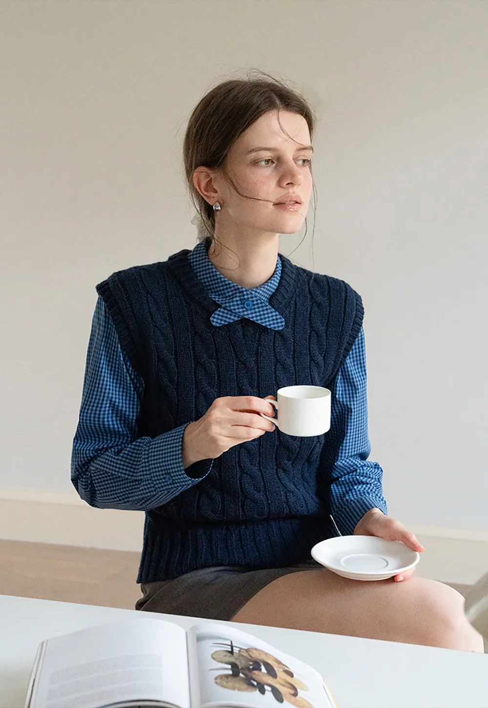 Womens Gingham Bow-Collar Long Sleeve Shirt