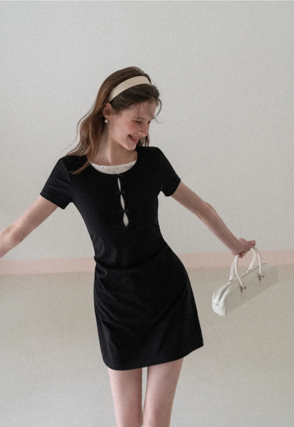 Short Sleeve Dress with Polka Dot Collar and Front Knot Detail