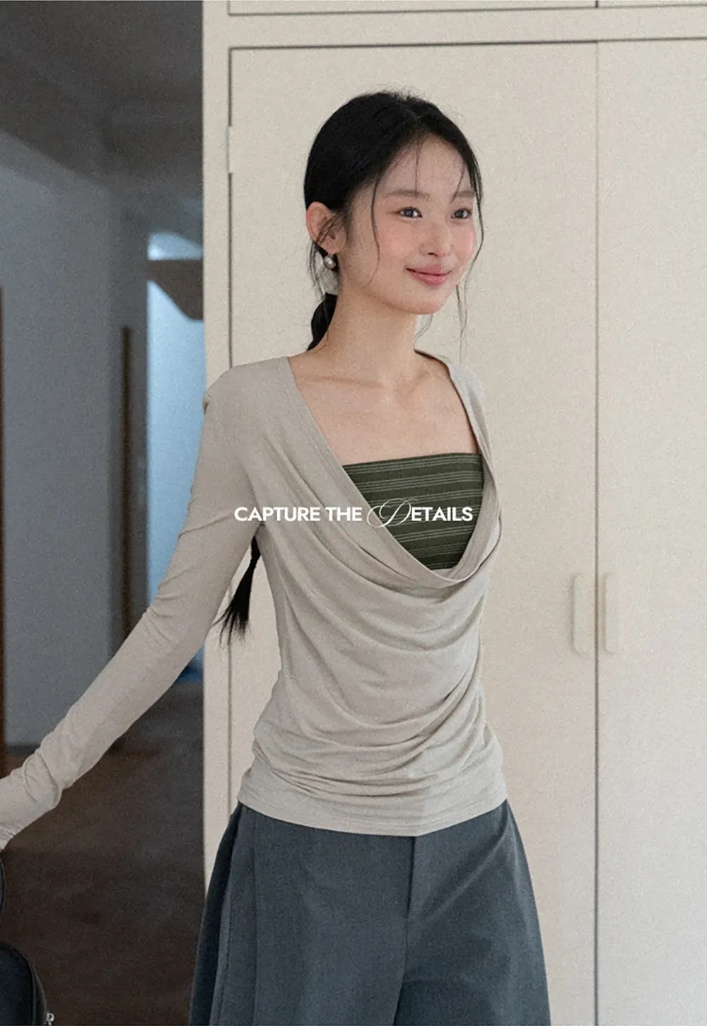 Long sleeve draped neckline top with square cutout