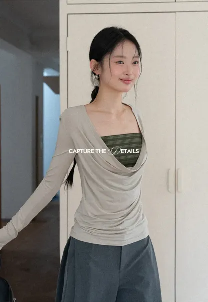 Long sleeve draped neckline top with square cutout