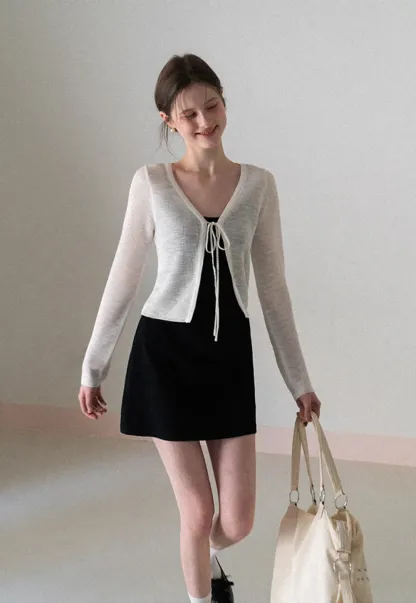 V Neck Long Sleeve Knit Cardigan with Front Tie