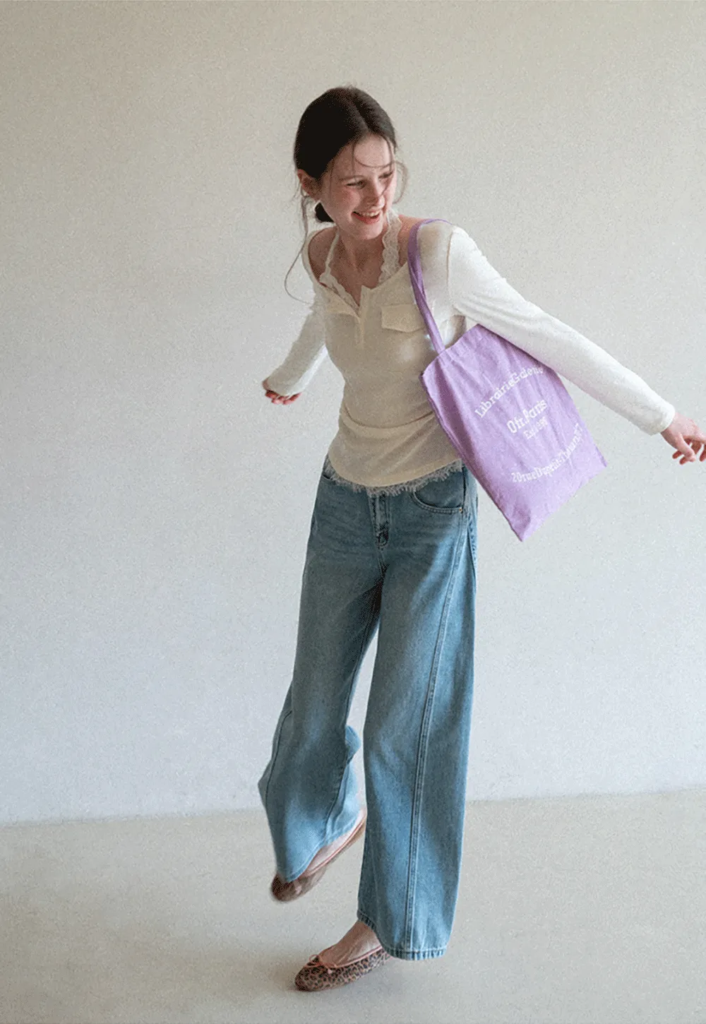 Long sleeve Henley top with lace trim