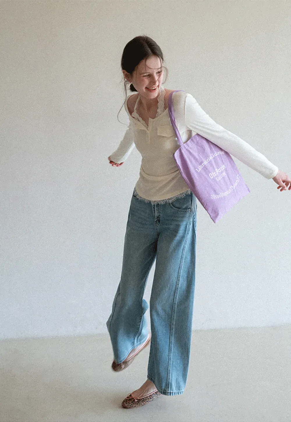 Long sleeve Henley top with lace trim