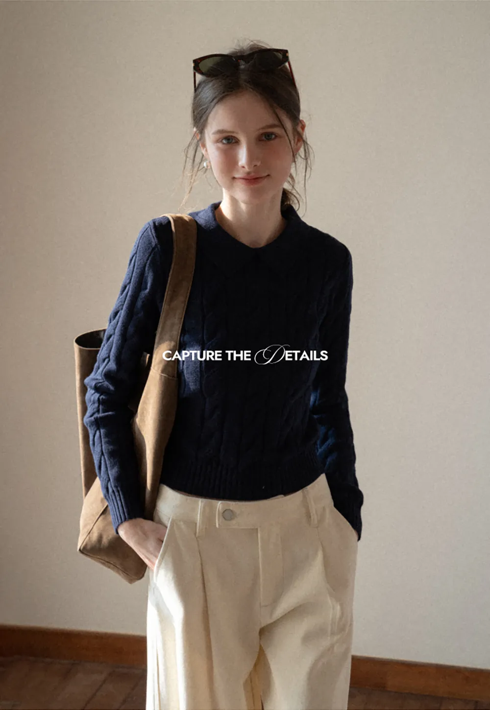 Cable Knit Crop Sweater with Collar