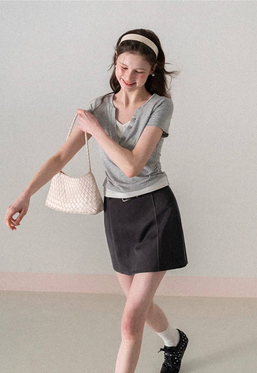 A-line mini skirt with contrast stitching and belt