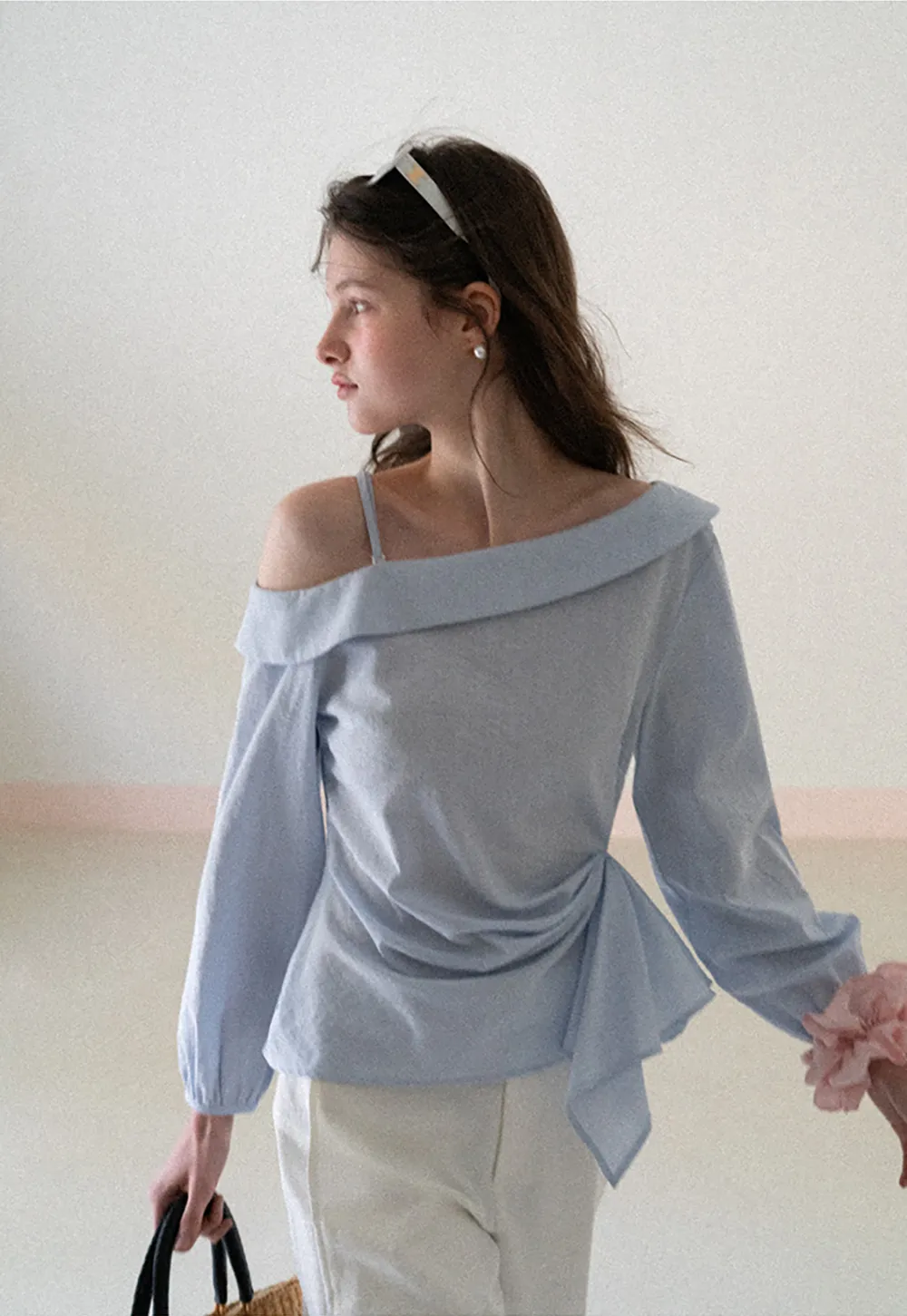 Off Shoulder Shirt with Ruched Sleeve Detail