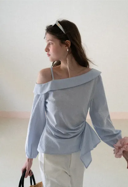 Off Shoulder Shirt with Ruched Sleeve Detail