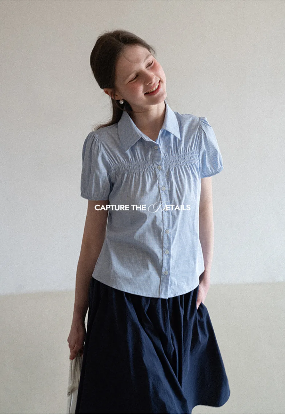 Short Sleeve Button Up Shirt with Pleated Detail