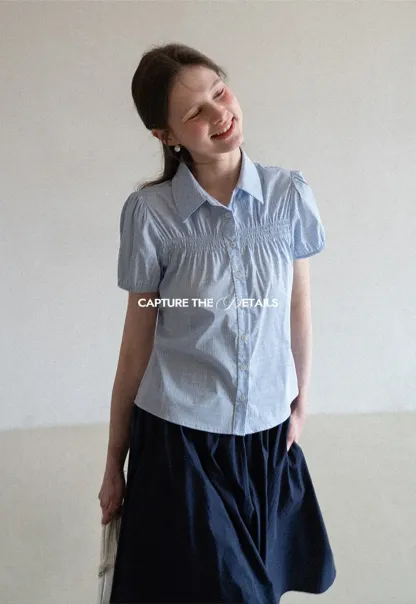 Short Sleeve Button Up Shirt with Pleated Detail