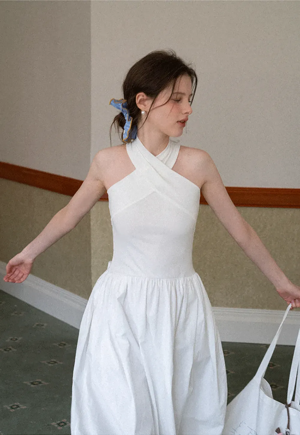 Halter Neck A Line Midi Dress with Pleated Skirt