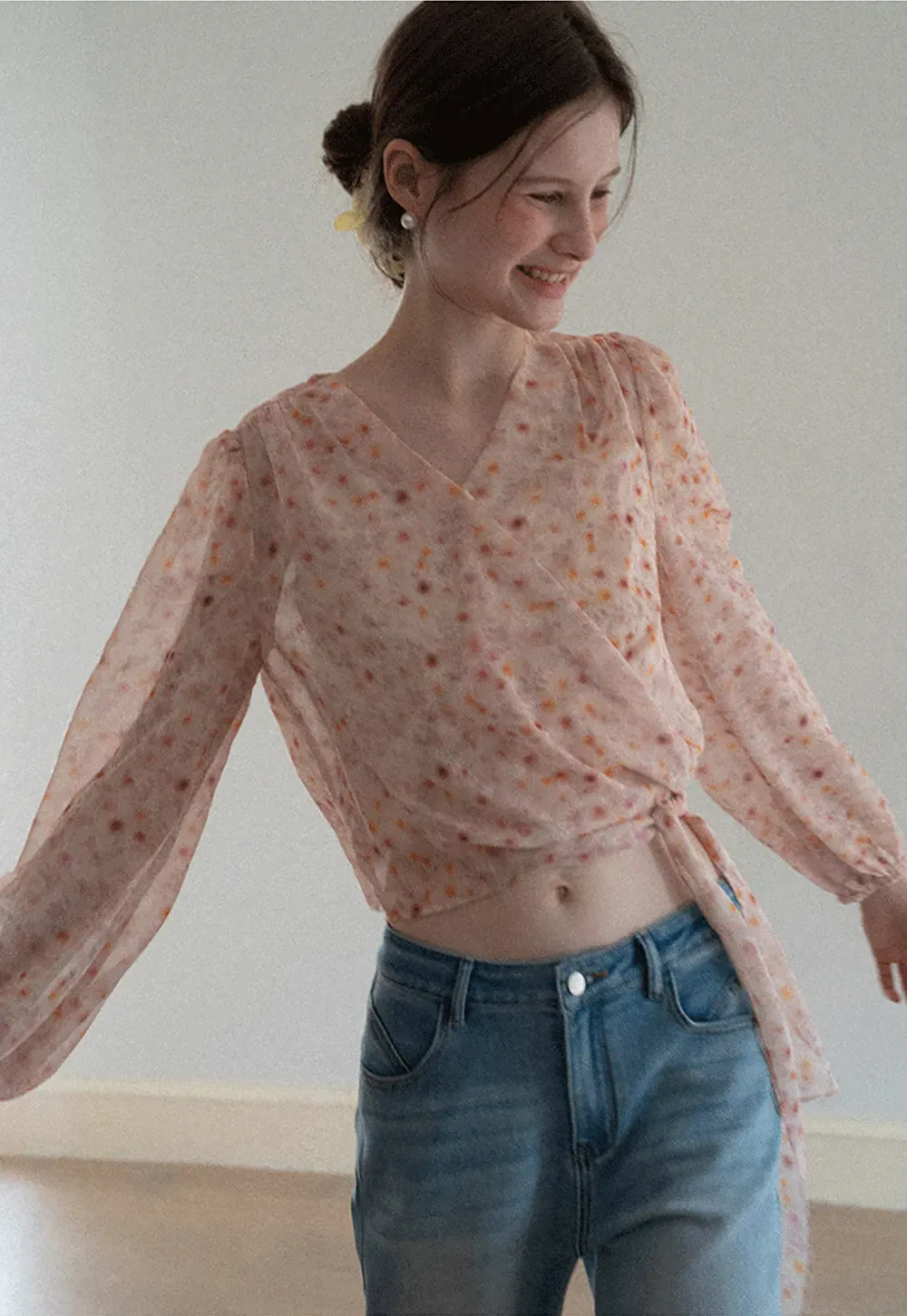 Lace Chiffon Wrap Blouse with Long Sleeves