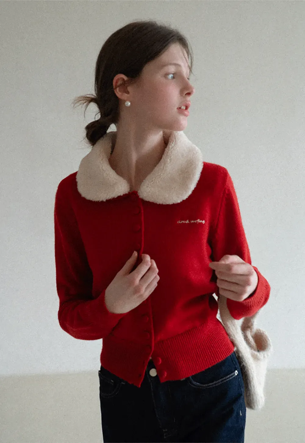 Soft Collar Knit Cardigan with Embroidery Design