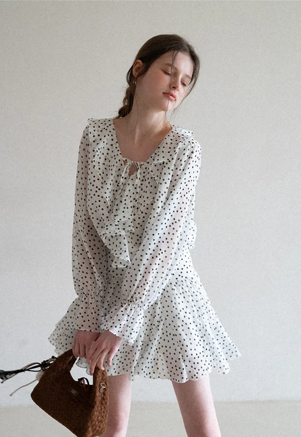 Polka Dot Ruffle Dress with V Neck and Long Sleeves