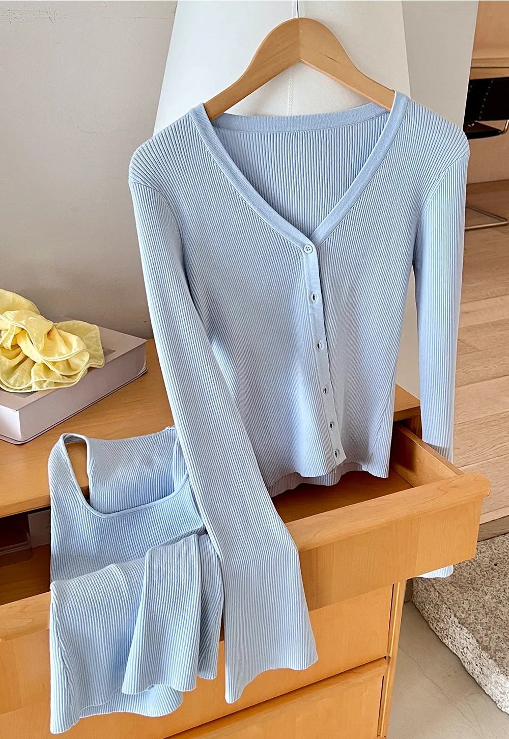 Light Knit Sweater Set with Tank Top and Cardigan Design