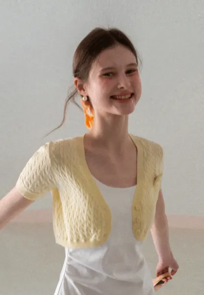 Short Sleeve Cable Knit Cardigan with Button Closure