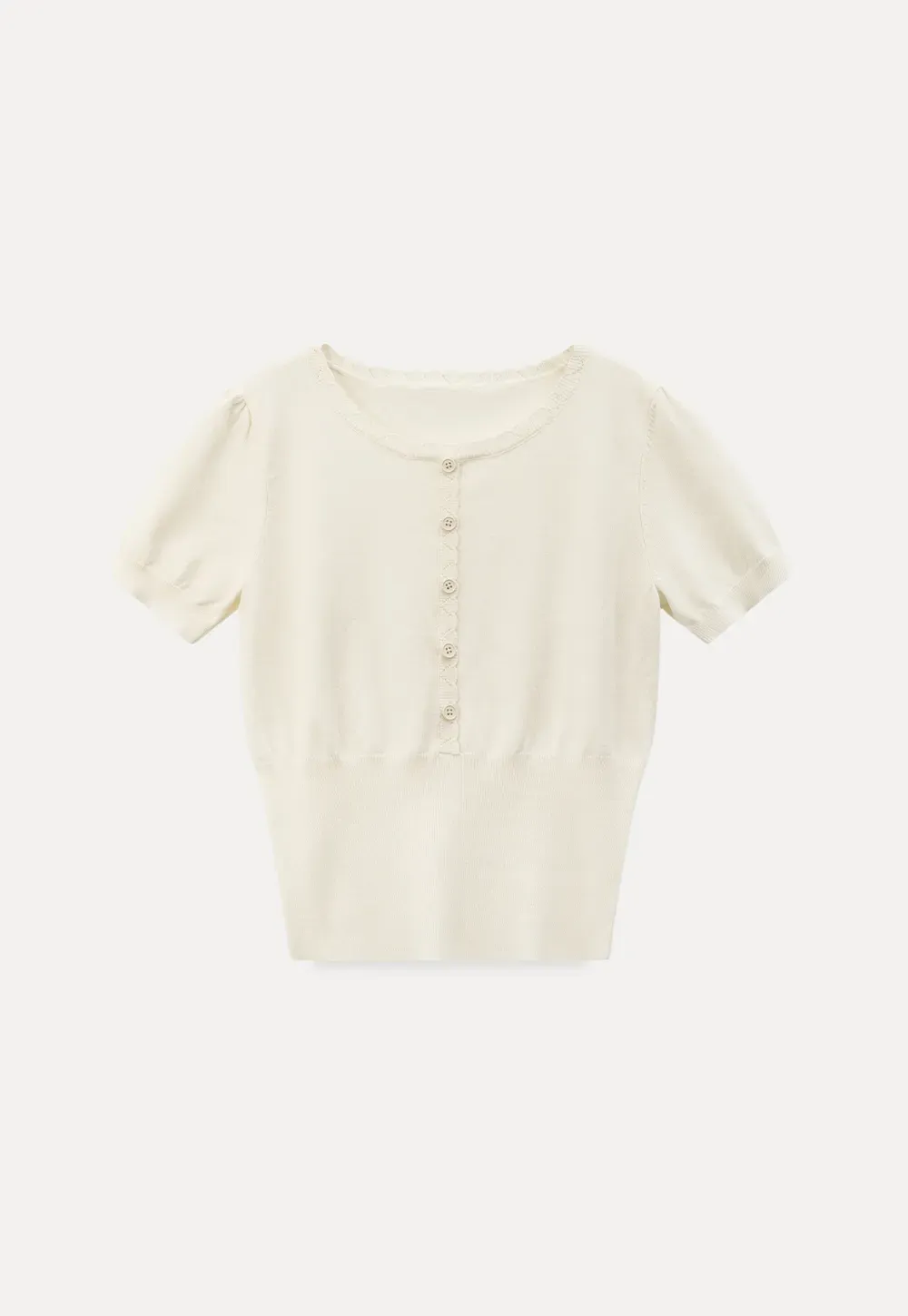 Short Sleeve Knit Top with Lace Trim and Button Placket