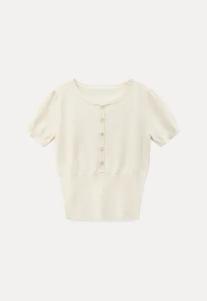 Short Sleeve Knit Top with Lace Trim and Button Placket