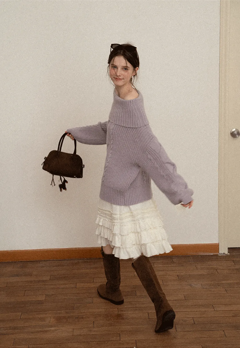 Gray Cable-Knit Turtleneck Sweater