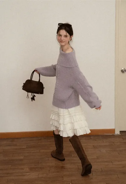 Gray Cable-Knit Turtleneck Sweater